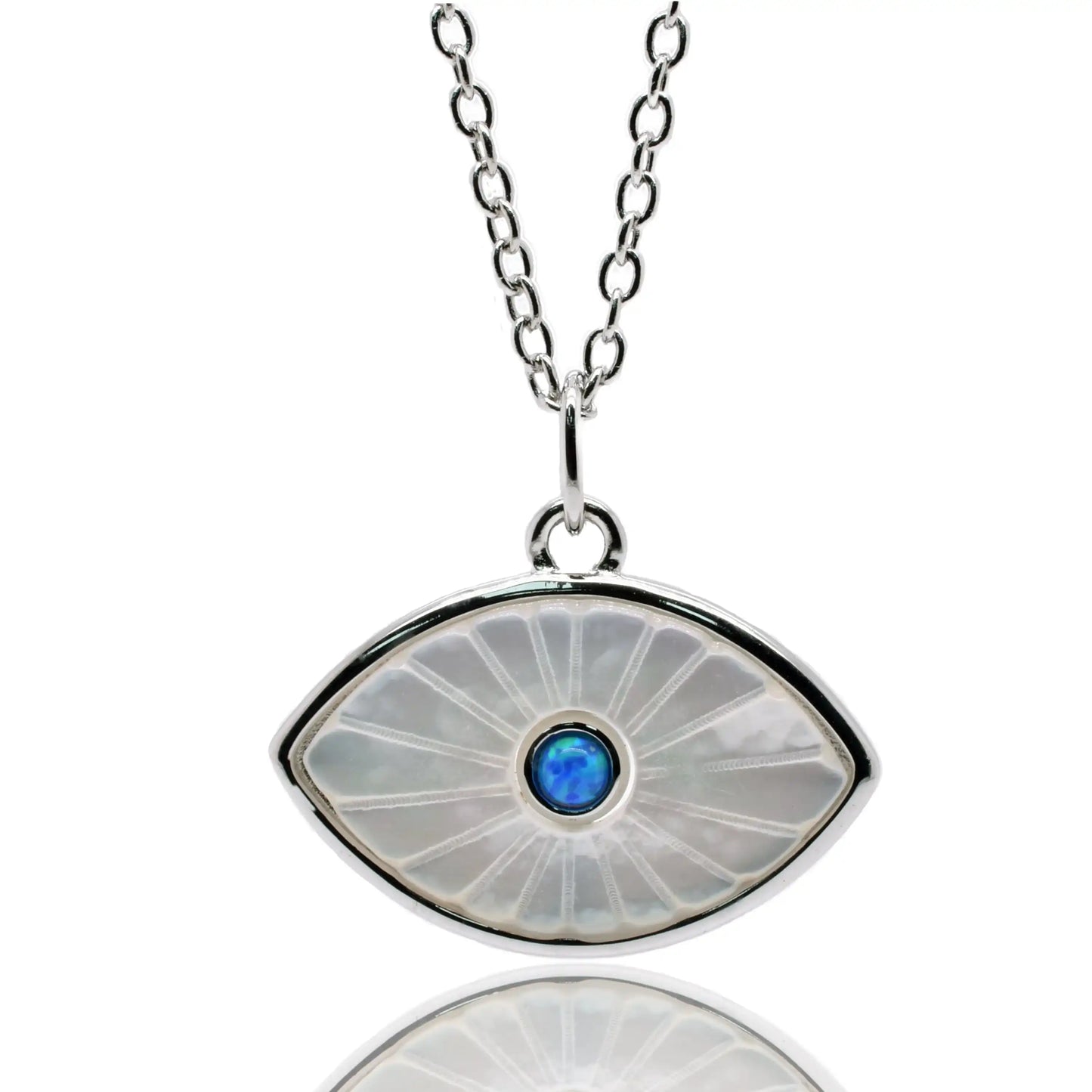 925 Sterling Silver Rhodium Plated Synthetic White Pearl Evil Eye Blue CZ Pendant Necklace
