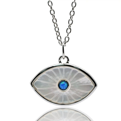 925 Sterling Silver Rhodium Plated Synthetic White Pearl Evil Eye Blue CZ Pendant Necklace