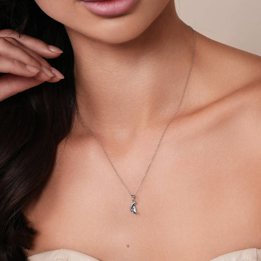 925 Sterling Silver Rhodium Plated 7.2mm x 9.9mm Moon Face Adjustable Pendant Necklace
