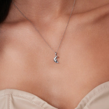 925 Sterling Silver Rhodium Plated 7.2mm x 9.9mm Moon Face Adjustable Pendant Necklace