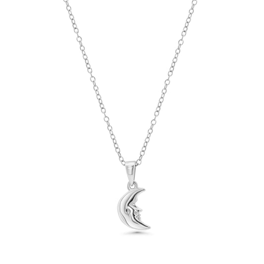 925 Sterling Silver Rhodium Plated 7.2mm x 9.9mm Moon Face Adjustable Pendant Necklace