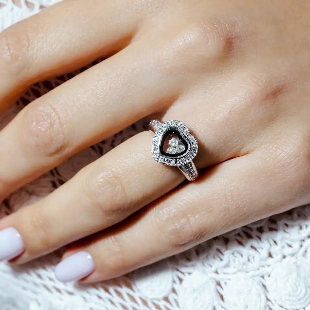 925 Sterling Silver Clearance Rhodium Plated Black Outlined Heart CZ Ring