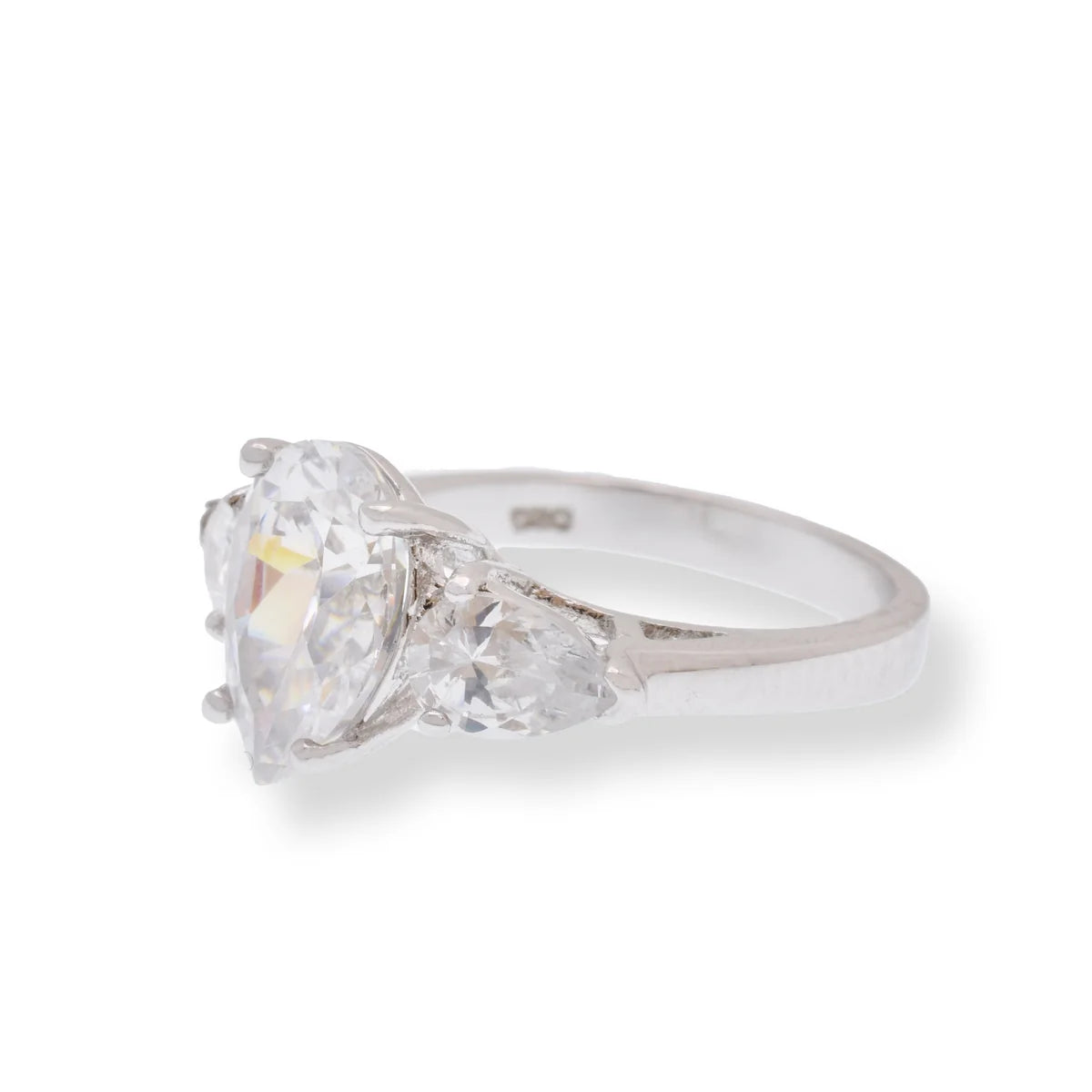 925 Sterling Silver Rhodium Plated Past Present Future Pear Shaped CZ Ring