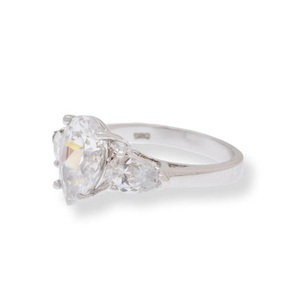 925 Sterling Silver Rhodium Plated Past Present Future Pear Shaped CZ Ring