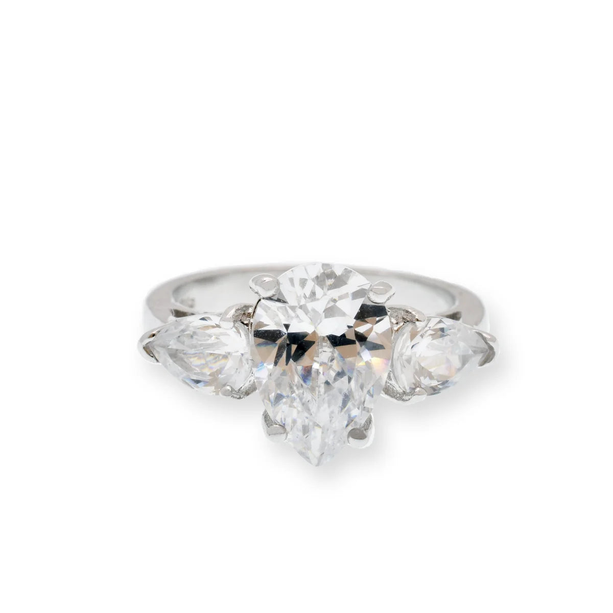 925 Sterling Silver Rhodium Plated Past Present Future Pear Shaped CZ Ring