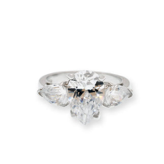 925 Sterling Silver Rhodium Plated Past Present Future Pear Shaped CZ Ring