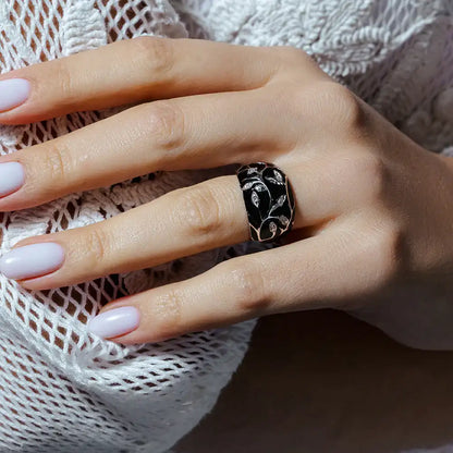 925 Sterling Silver Clearance Rhodium Plated Black Enamel CZ Leaf Ring
