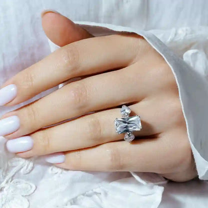 925 Sterling Silver Clearance Rhodium Plated Rectangular and Heart CZ Ring