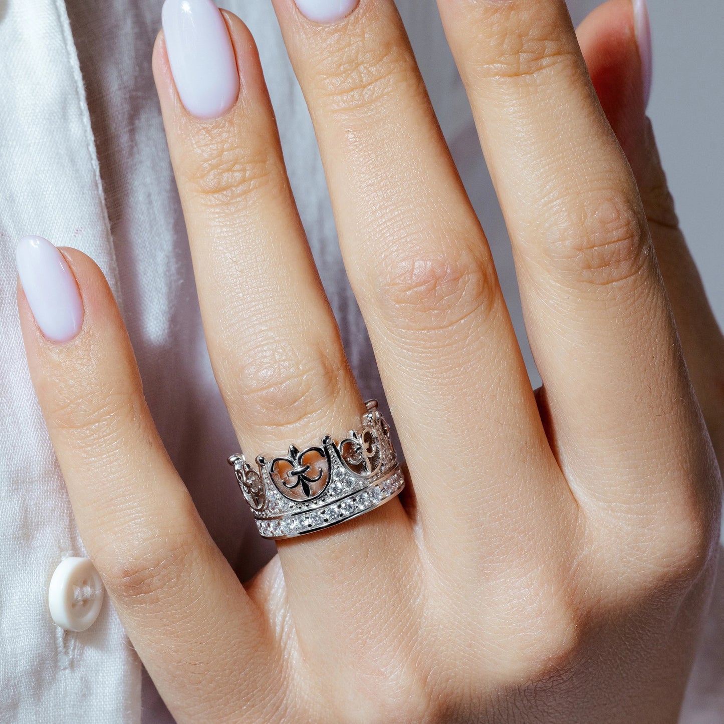 925 Sterling Silver Rhodium Plated CZ Crown Ring