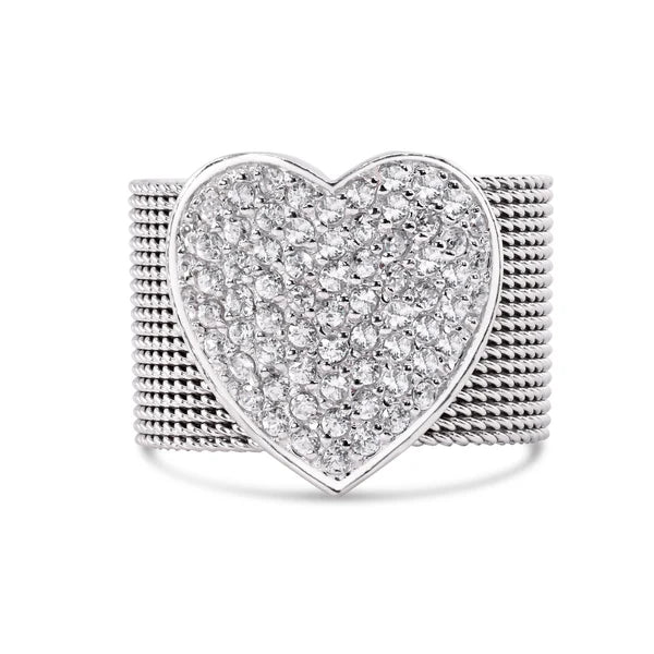 925 Sterling Silver Rhodium Plated Clearance Multi Chain CZ Heart Ring