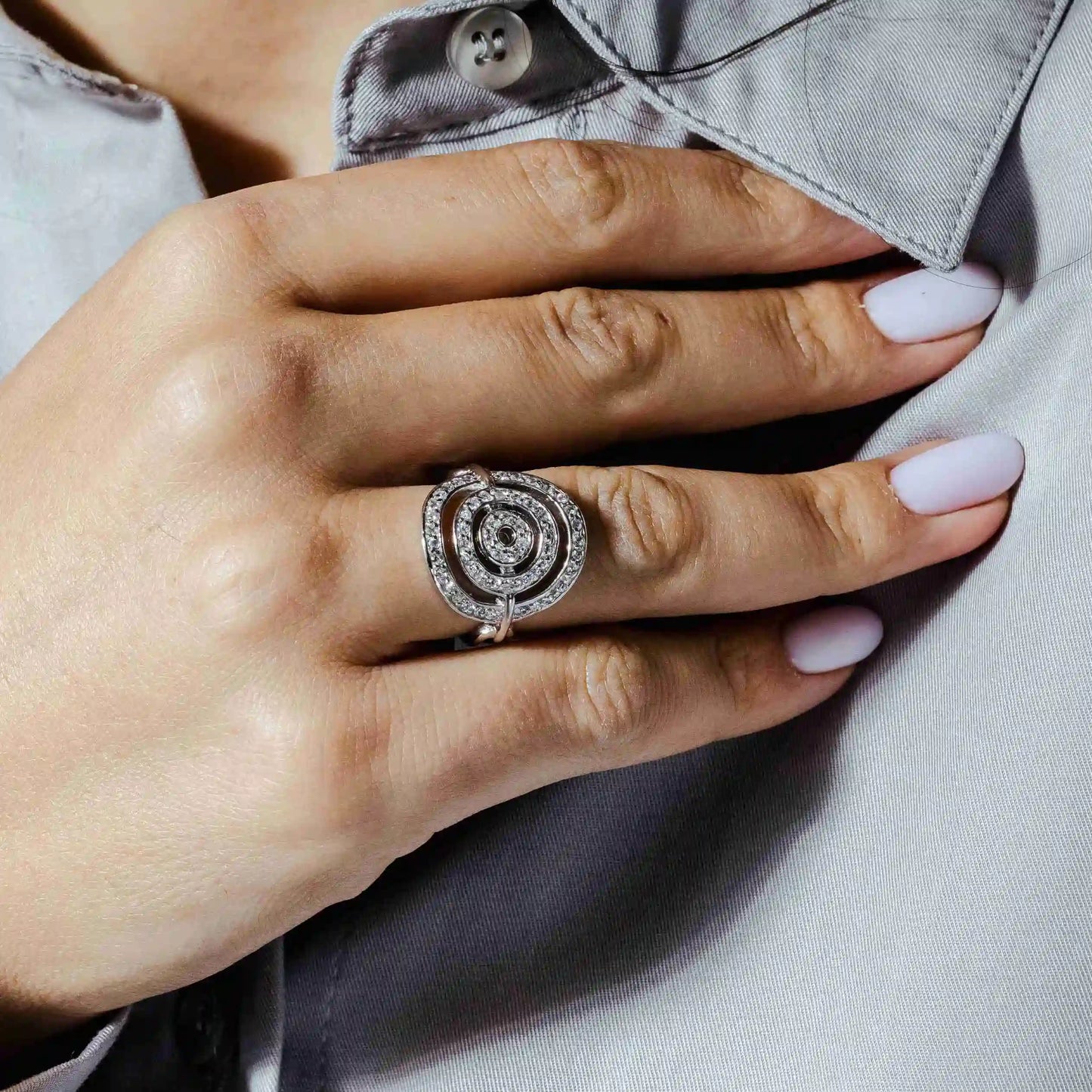 925 Sterling Silver Clearance Rhodium Plated Bent Target CZ Ring