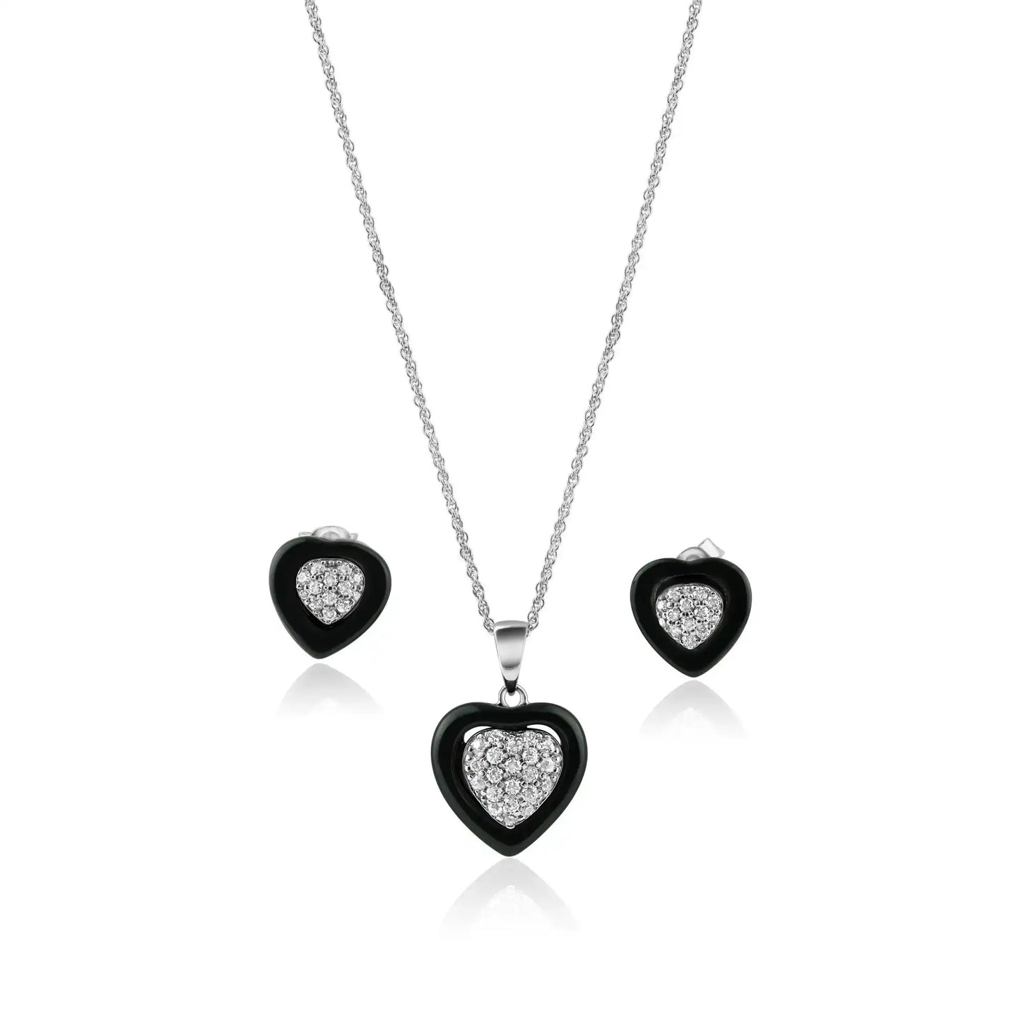 925 Sterling Silver Clearance-Rhodium Plated Heart Clear CZ Inlay Black Onyx Stud Set
