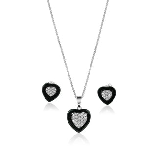 925 Sterling Silver Clearance-Rhodium Plated Heart Clear CZ Inlay Black Onyx Stud Set