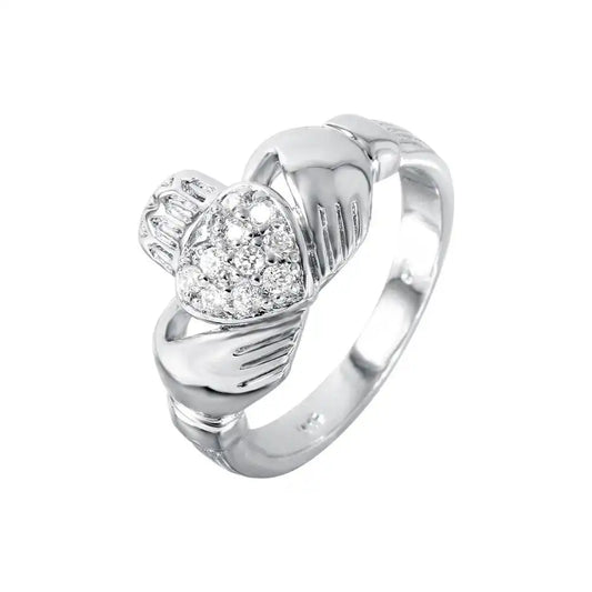925 Sterling Silver Rhodium Plated Silver CZ Claddagh Ring