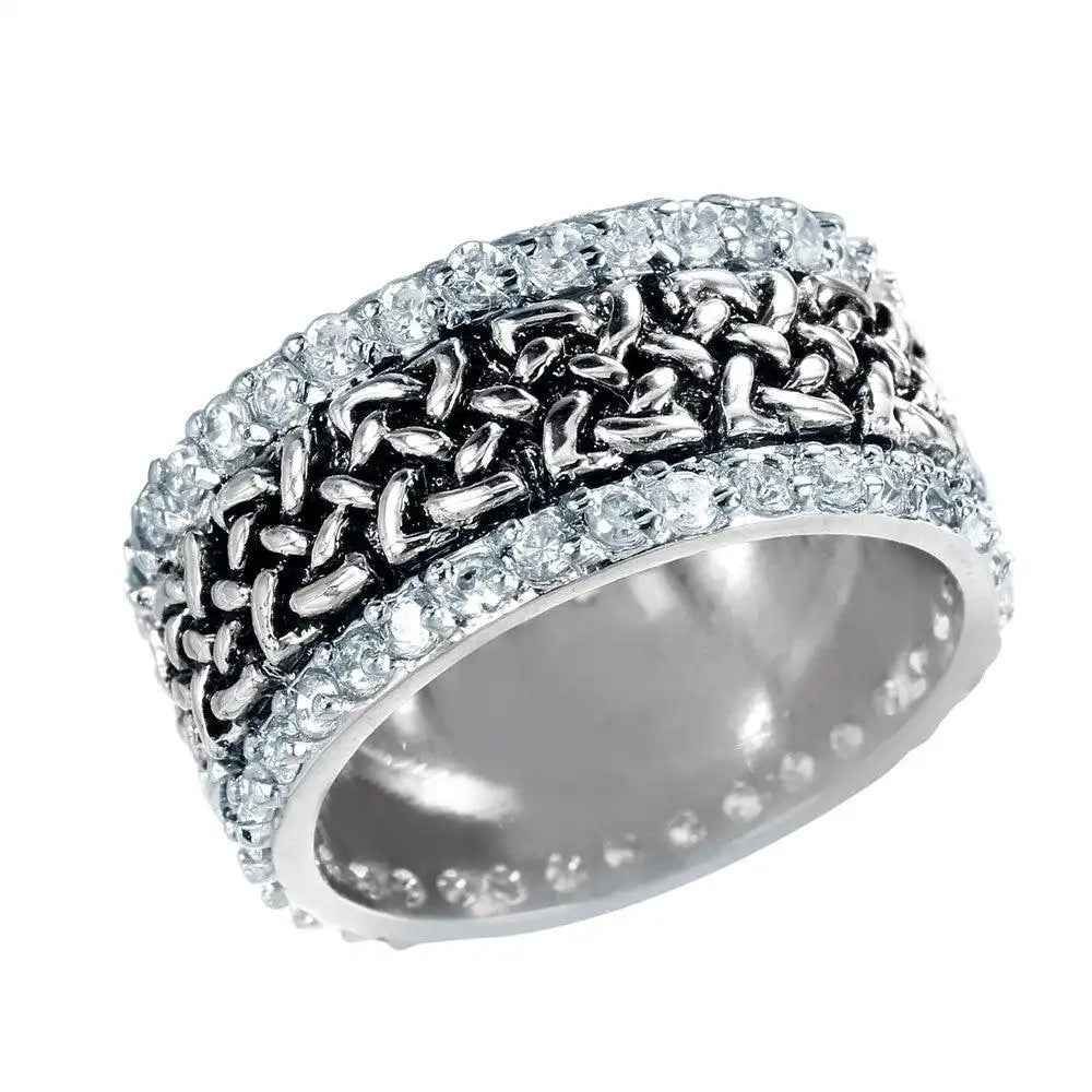 925 Sterling Silver Clearance Rhodium Plated CZ Border Chain Ring