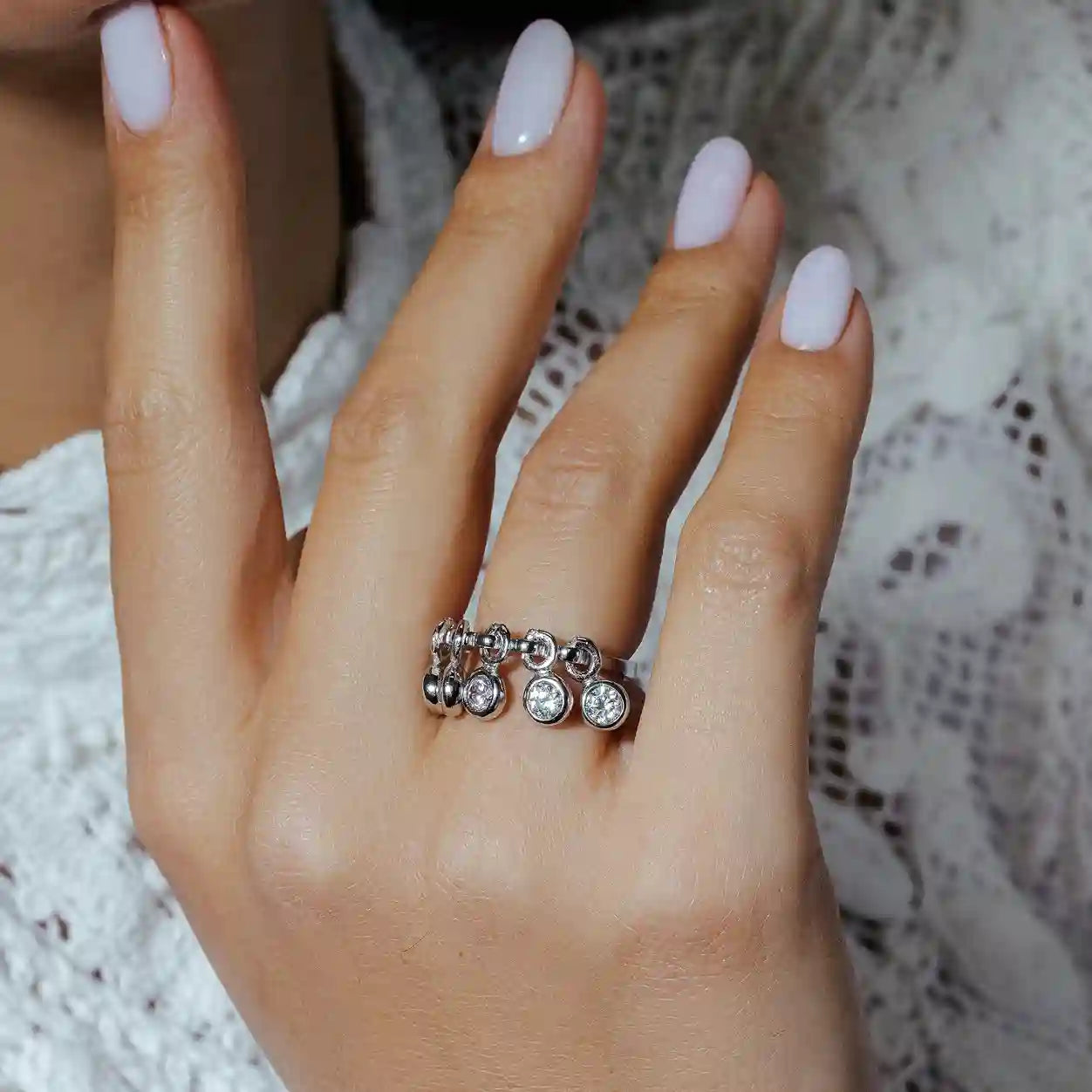 925 Sterling Silver Clearance Rhodium Plated 5 Hanging CZ Ring