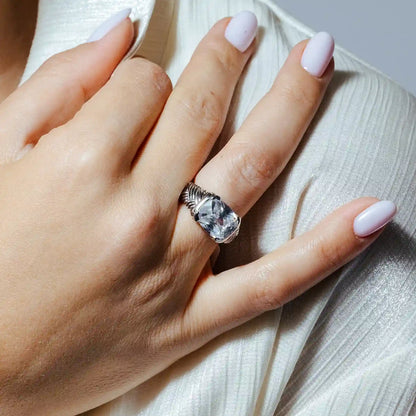 925 Silver Sterling Clearance Rhodium Plated Clear CZ Center Striped Ring