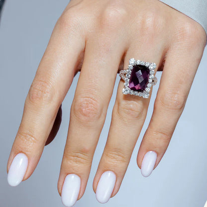 925 Sterling Silver Rhodium Plated Clearance Dark Red Round Square Clear Cluster CZ Ring