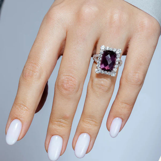 925 Sterling Silver Rhodium Plated Clearance Dark Red Round Square Clear Cluster CZ Ring