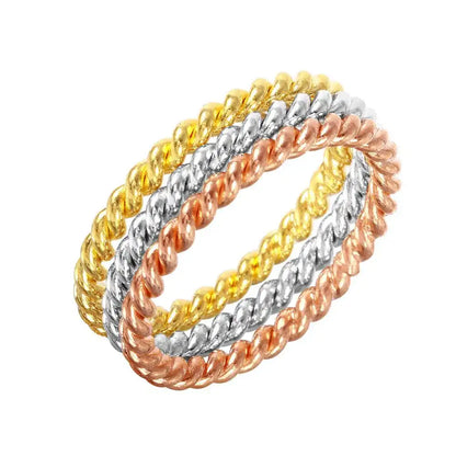 925 Sterling Silver Rhodium, Gold, and Rose Gold Plated Stackable Rope Ring