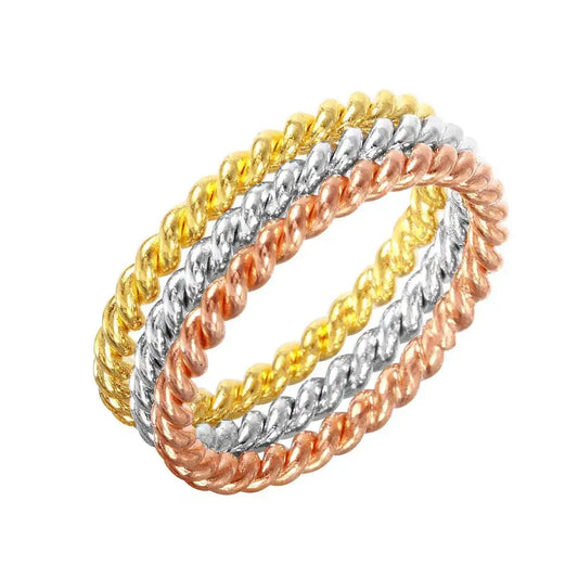 925 Sterling Silver Rhodium, Gold, and Rose Gold Plated Stackable Rope Ring