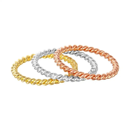925 Sterling Silver Rhodium, Gold, and Rose Gold Plated Stackable Rope Ring
