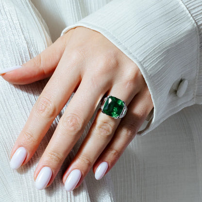 925 Silver Clearance - Rhodium Plated Green Square CZ Ring