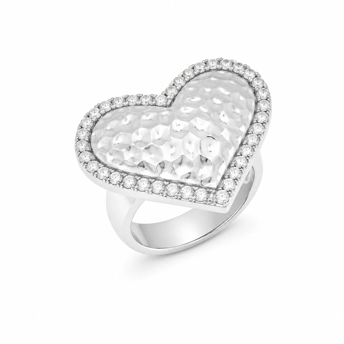 925 Silver Clearance- Rhodium PLated Hammered Chunky CZ Heart Ring