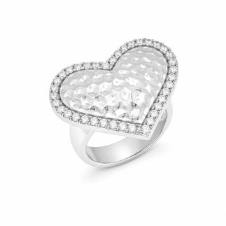 925 Silver Clearance- Rhodium PLated Hammered Chunky CZ Heart Ring