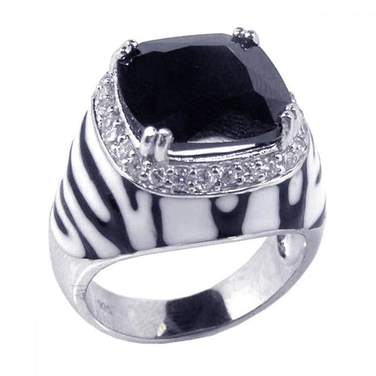 925 Silver Clearance-Rhodium Plated Black and White Enamel Clear CZ Zebra Dome Ring