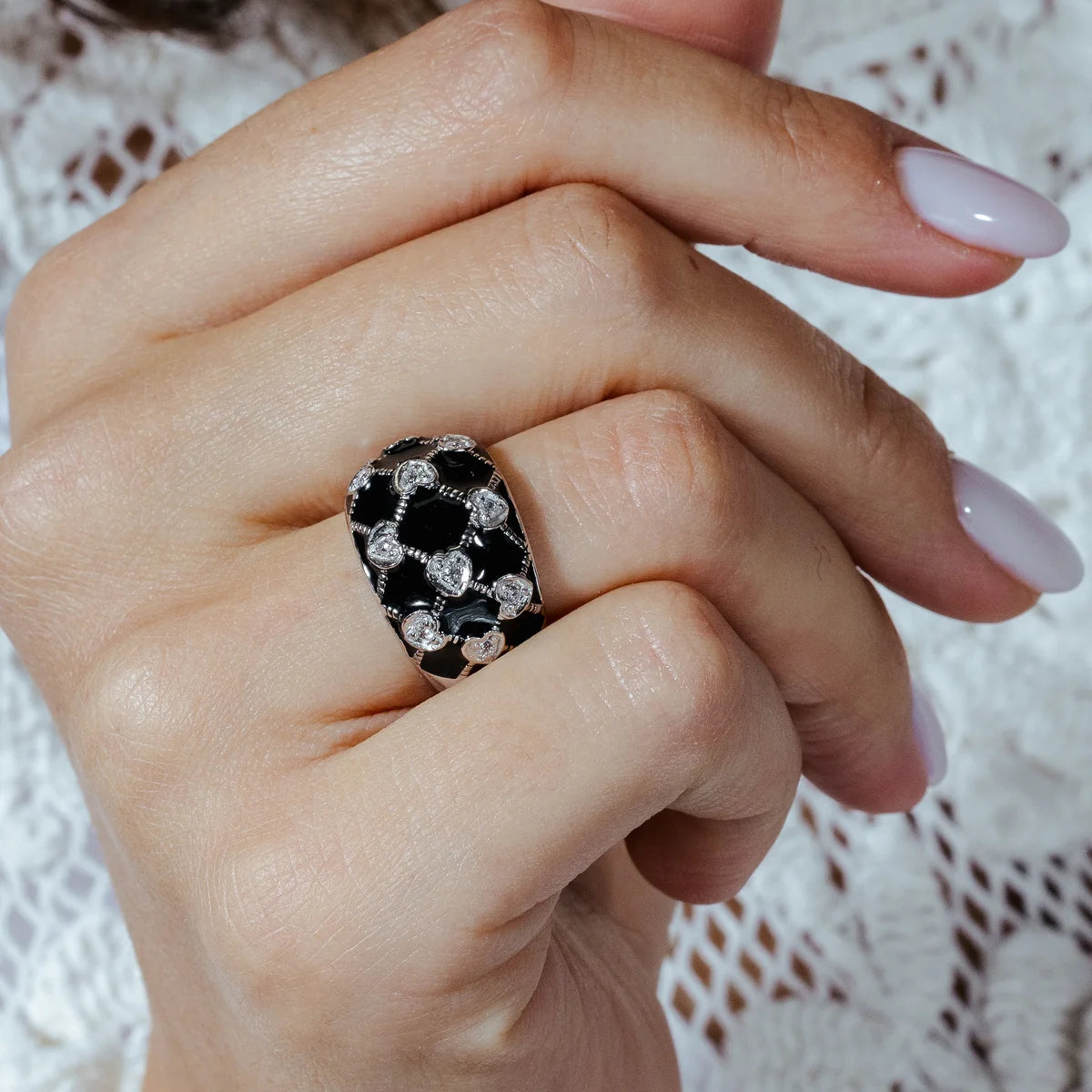 925 Silver Clearance-Rhodium Plated Black Enamel Criss Crossing CZ Heart Ring