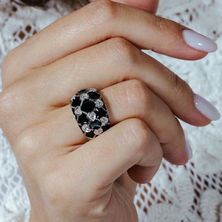 925 Silver Clearance-Rhodium Plated Black Enamel Criss Crossing CZ Heart Ring