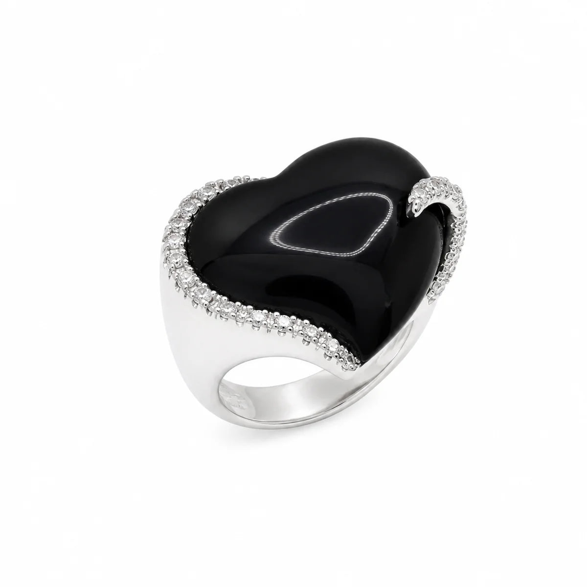 925 Silver Clearance-Rhodium Plated Chunky Black Onyx & CZ Heart Ring
