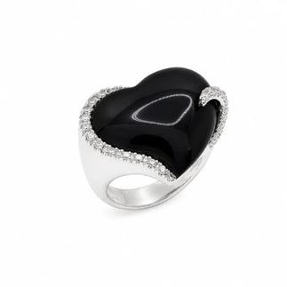 925 Silver Clearance-Rhodium Plated Chunky Black Onyx & CZ Heart Ring