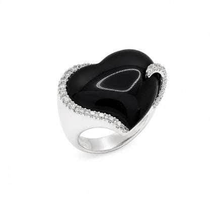 925 Silver Clearance-Rhodium Plated Chunky Black Onyx & CZ Heart Ring