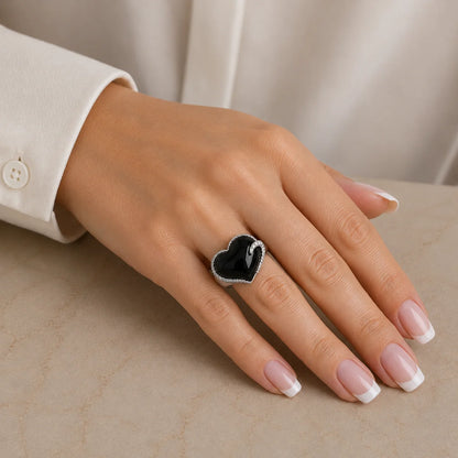 925 Silver Clearance-Rhodium Plated Chunky Black Onyx & CZ Heart Ring