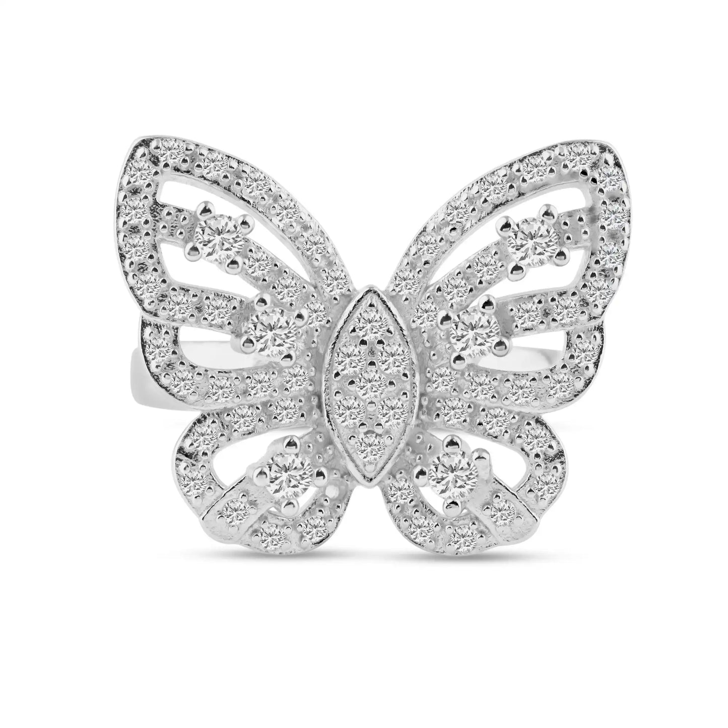 925 Sterling Silver Rhodium Plated Pave Set CZ Butterfly Ring