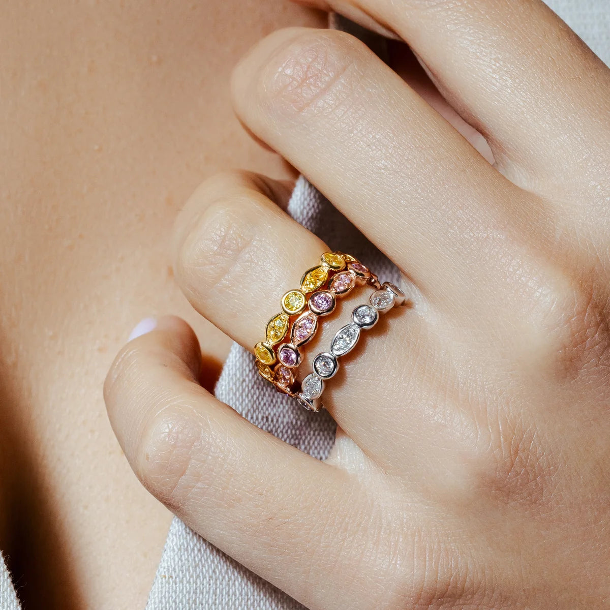 925 Silver Rhodium, Gold, and Rose Gold Plated Multi Color CZ Stackable Ring