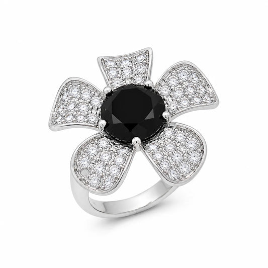 925 Silver Clearance-Rhodium Plated Black Center & Clear CZ Flower Pave Ring