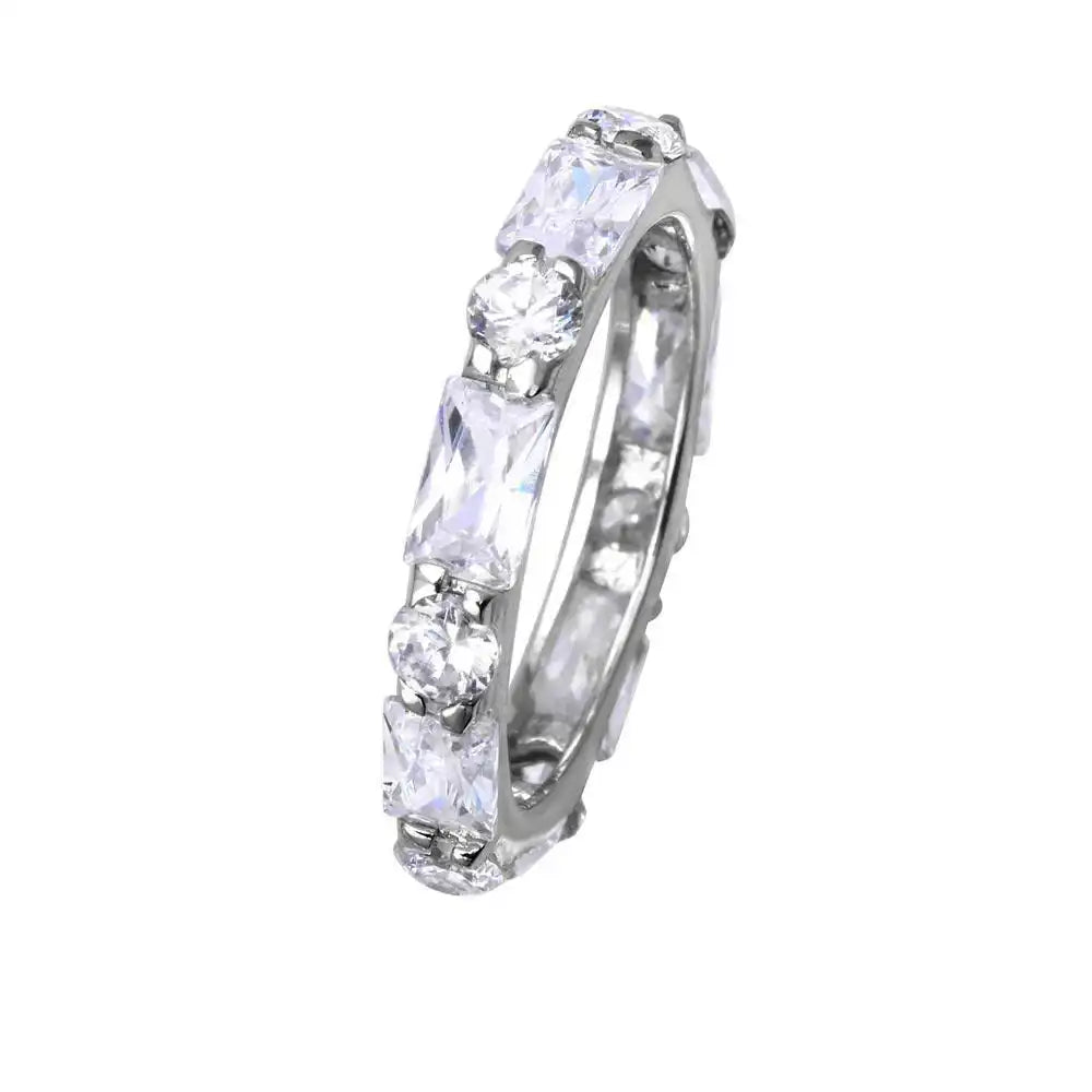 925 Sterling Silver Rhodium Plated Clear Baguette Clear CZ Eternity Ring
