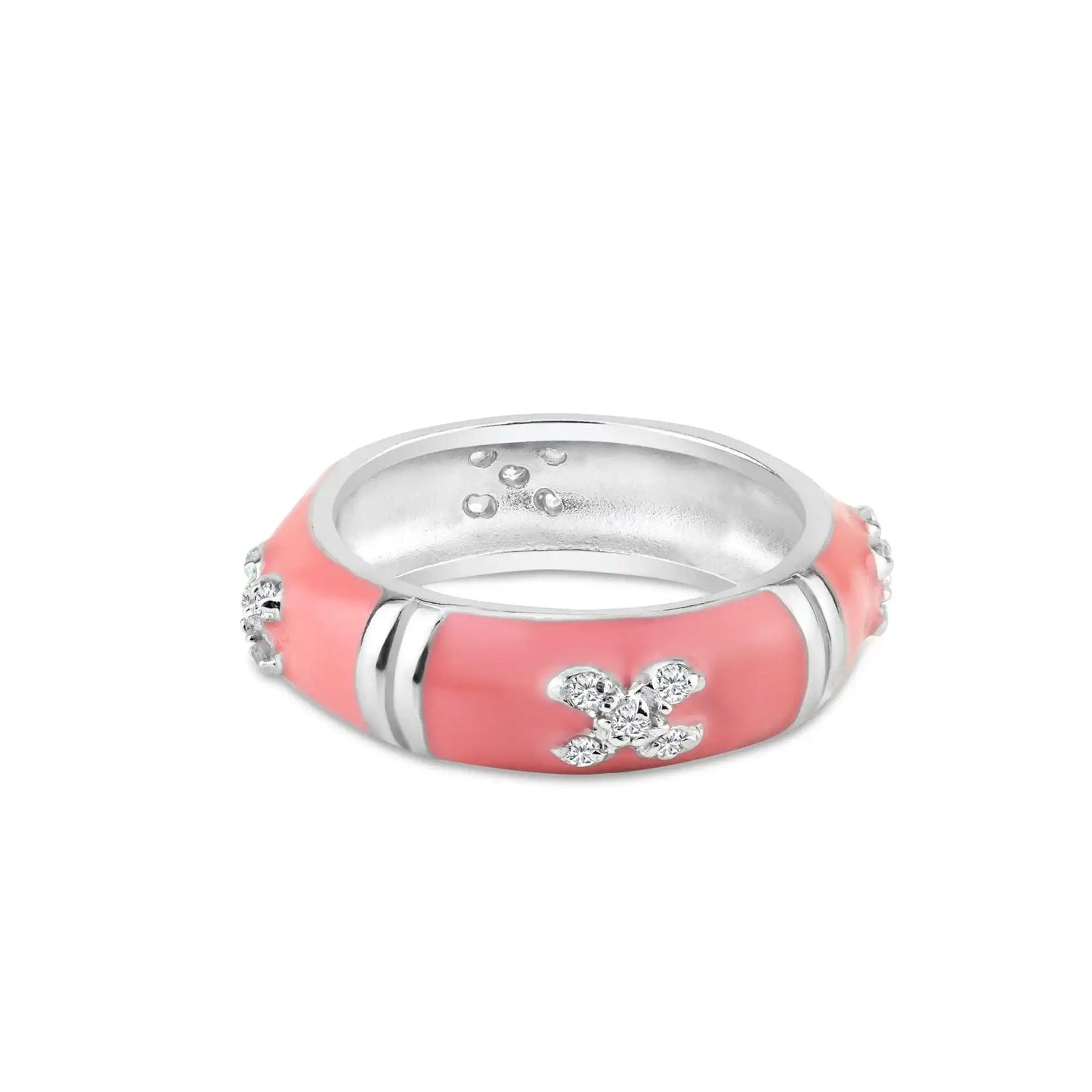 925 Sterling Silver Clearance Rhodium Plated Pink Enamel Pave Set CZ Ring