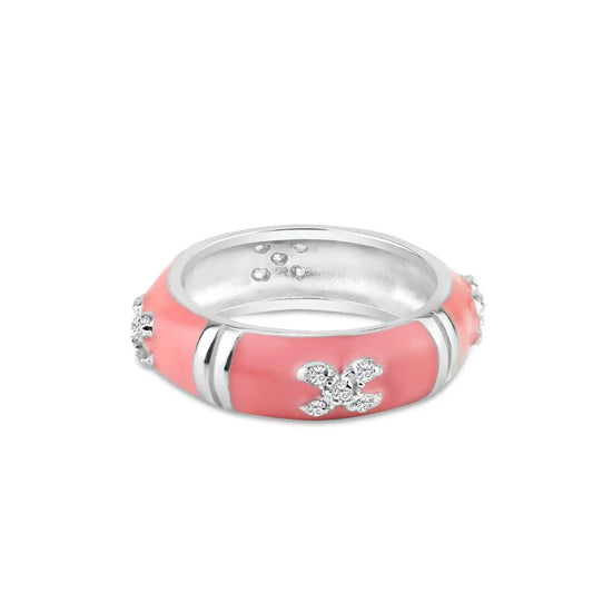 925 Sterling Silver Clearance Rhodium Plated Pink Enamel Pave Set CZ Ring