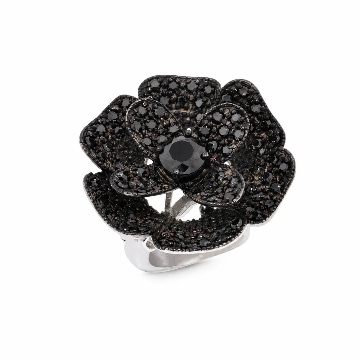 925 Sterling Silver Clearance-Rhodium and Black Rhodium Plated Black or Clear CZ Pave Flower Ring