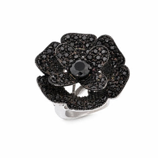 925 Sterling Silver Clearance-Rhodium and Black Rhodium Plated Black or Clear CZ Pave Flower Ring