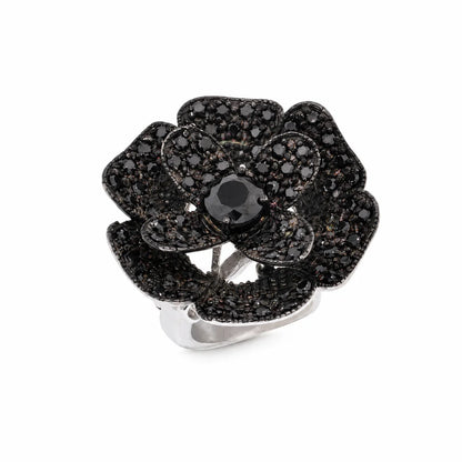 925 Sterling Silver Clearance-Rhodium and Black Rhodium Plated Black or Clear CZ Pave Flower Ring