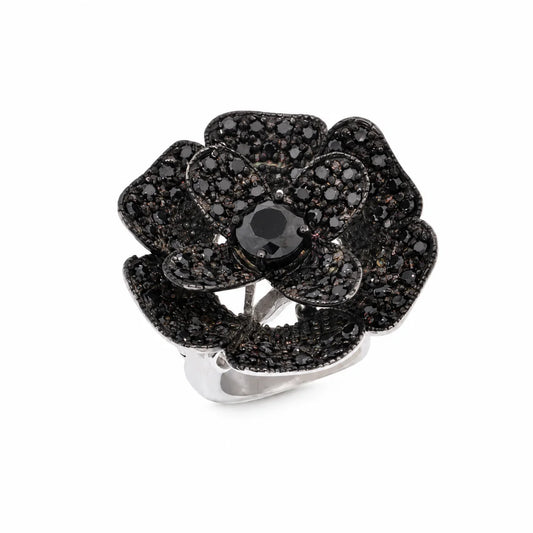925 Sterling Silver Clearance-Rhodium and Black Rhodium Plated Black or Clear CZ Pave Flower Ring