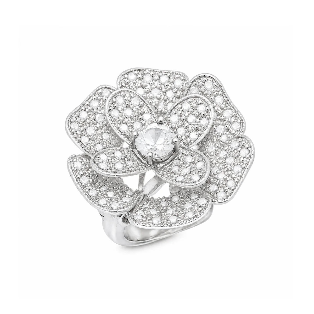 925 Sterling Silver Clearance-Rhodium and Black Rhodium Plated Black or Clear CZ Pave Flower Ring