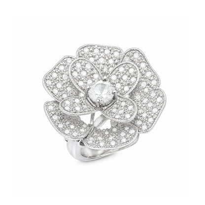 925 Sterling Silver Clearance-Rhodium and Black Rhodium Plated Black or Clear CZ Pave Flower Ring
