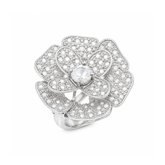 925 Sterling Silver Clearance-Rhodium and Black Rhodium Plated Black or Clear CZ Pave Flower Ring