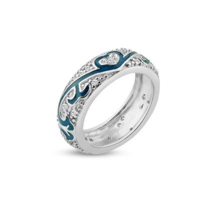 925 Sterling Silver Rhodium Plated Blue Enamel Pave Set CZ Eternity Ring